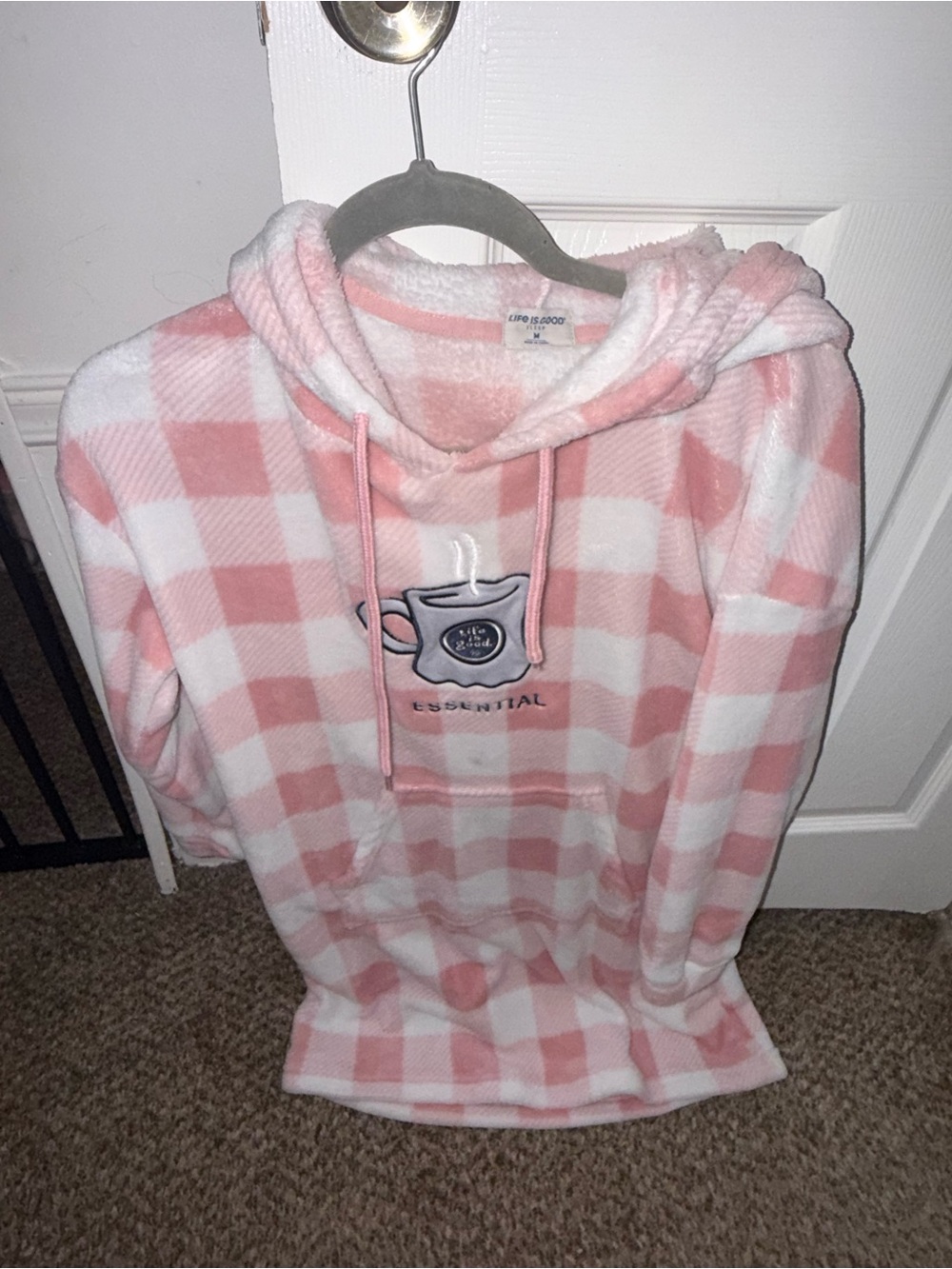 Life Is Good Pink and White Check Plush Hoodie Pajama Top